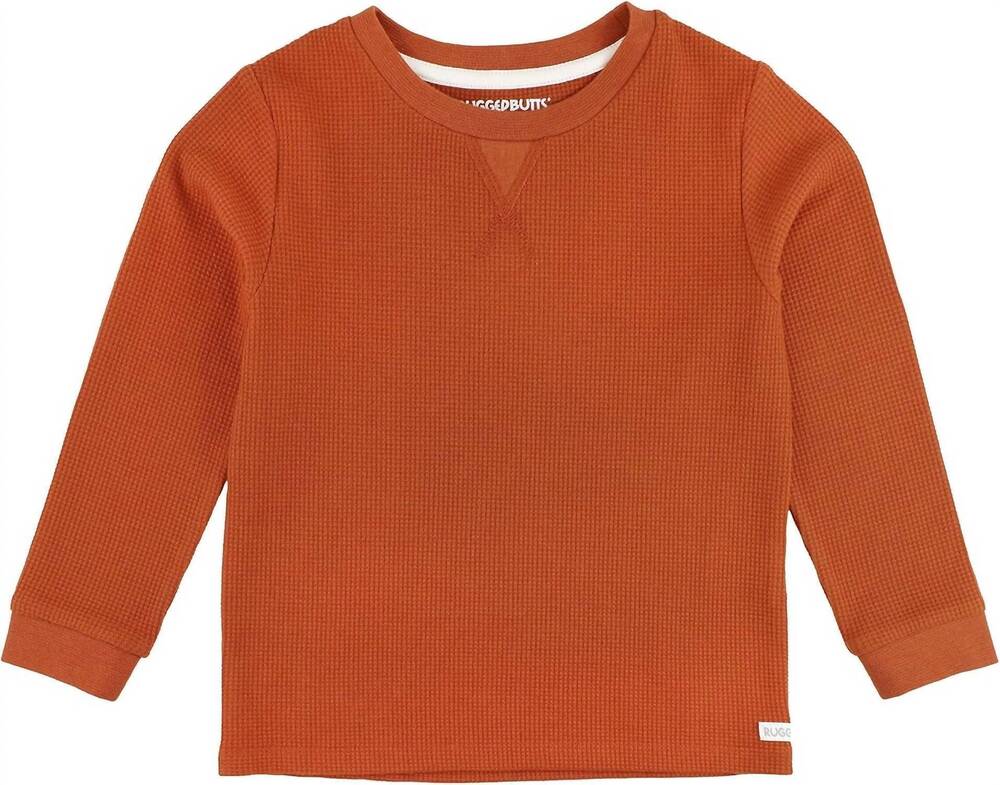 NEW RUGGED BUTTS kids' waffle knit crewneck shirt in burnt sienna